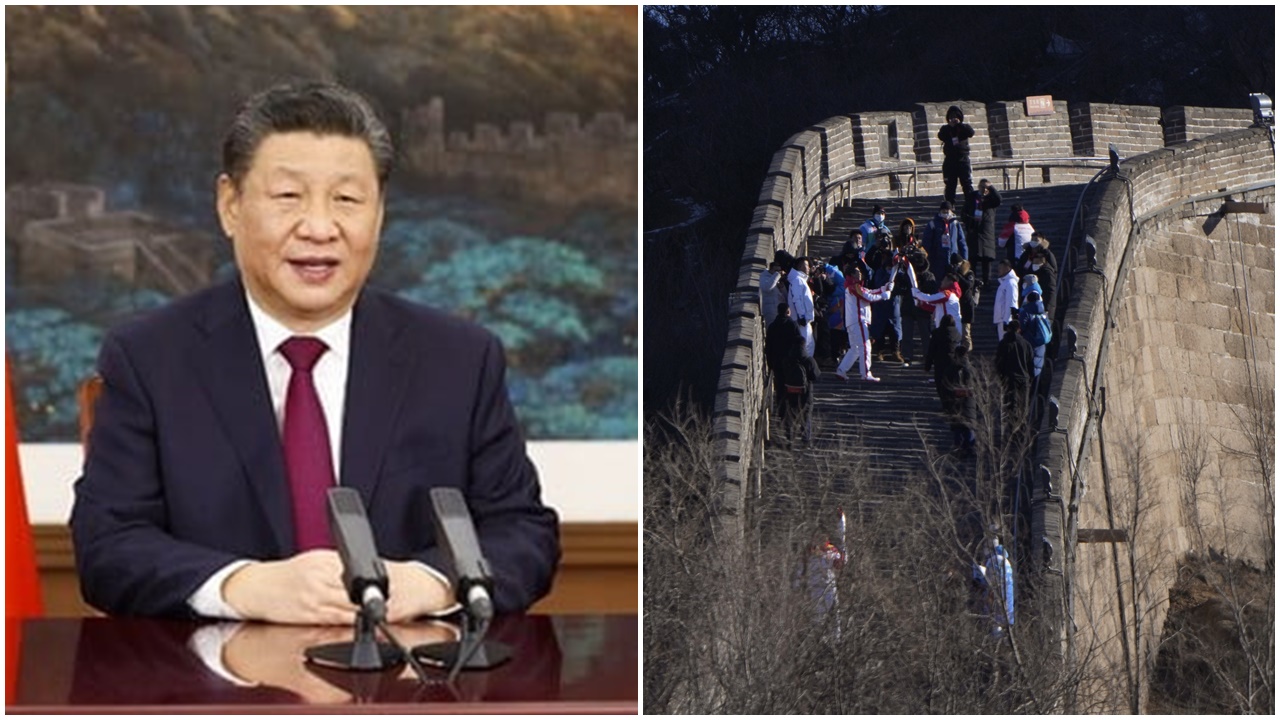 習近平：竭誠為世界奉獻北京冬奧盛會。奧運聖火再於八達嶺長城傳遞。(新華社/AP)