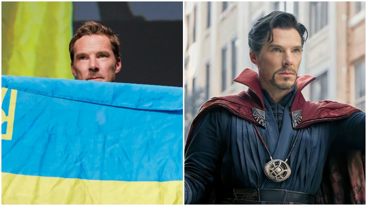 「奇異博士」領獎舉起烏國旗表態反戰。(Twitter)