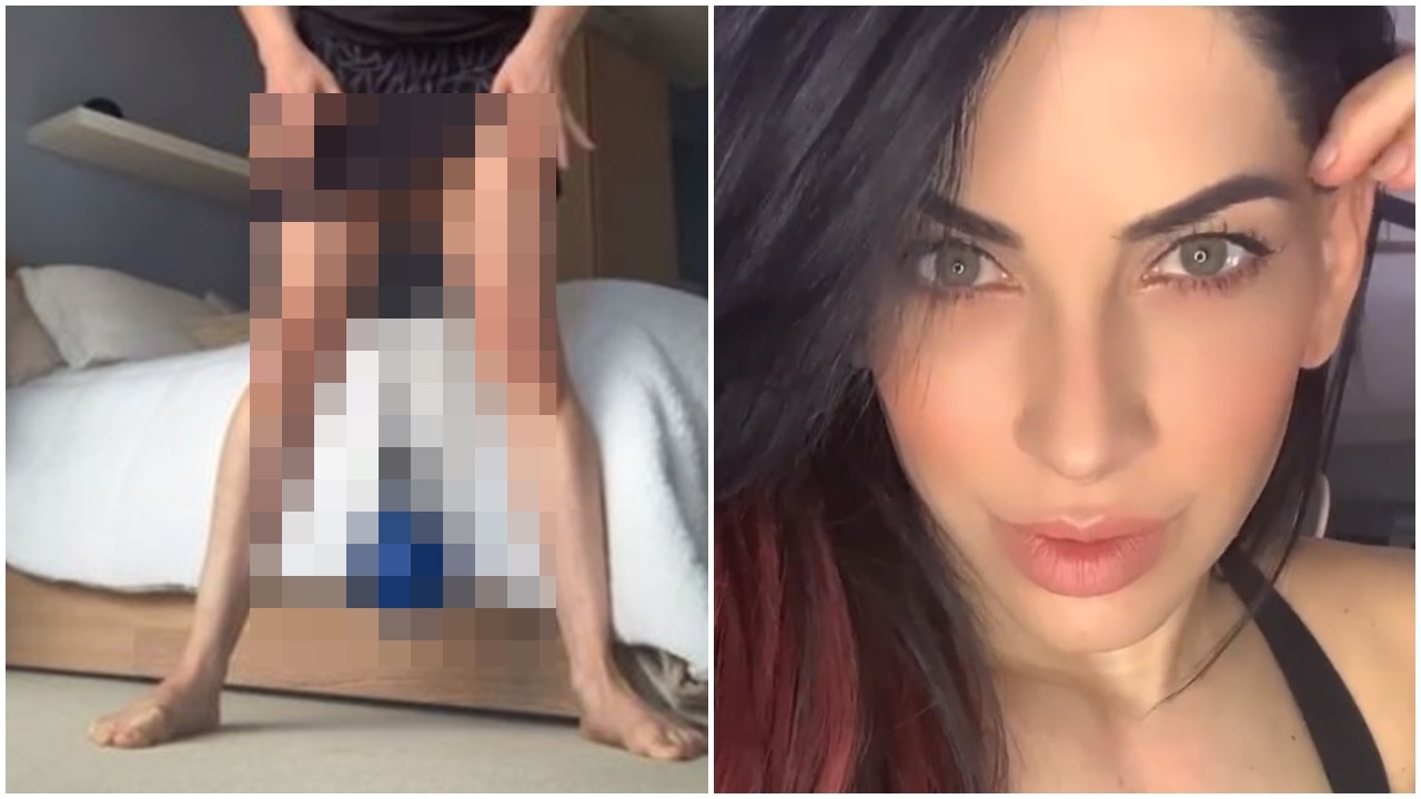 索女下體繫20磅重球舉重，專家：不要像她。(網上圖片/IG)