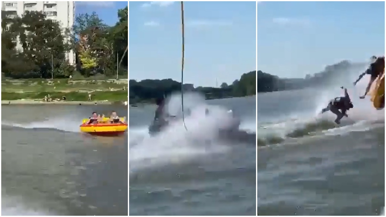 2男玩橡皮艇，慘被水上電單車直撞1死1傷。(Twitter)