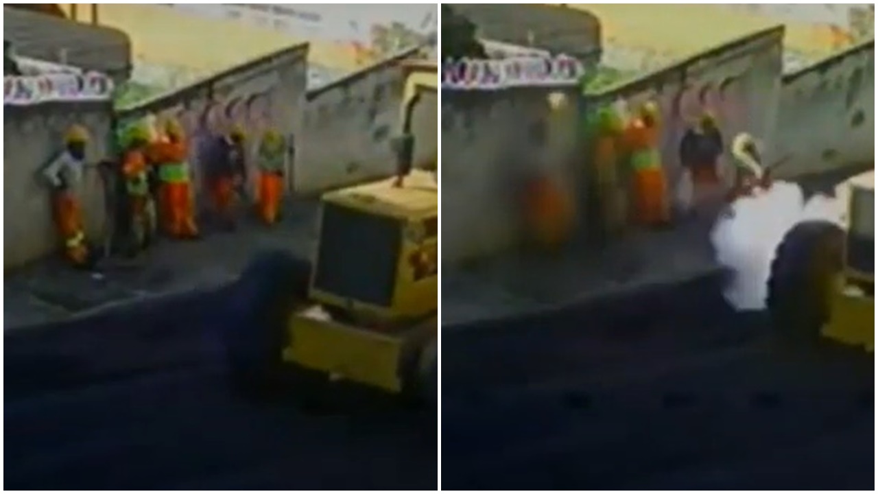 修路工人路邊小休，工程車突爆呔遭擊斃。(YouTube)