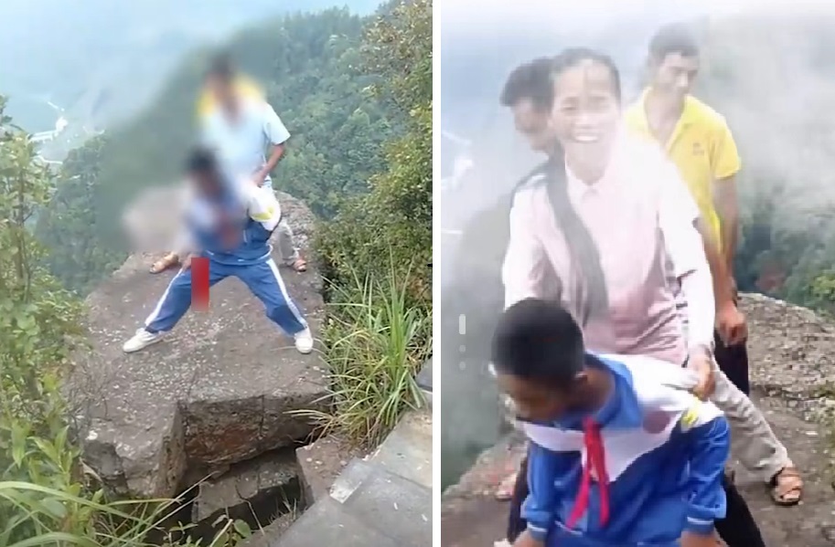 4人在懸崖邊一塊鬆動巨石上用力搖晃，而且笑得相當開心。(互聯網)