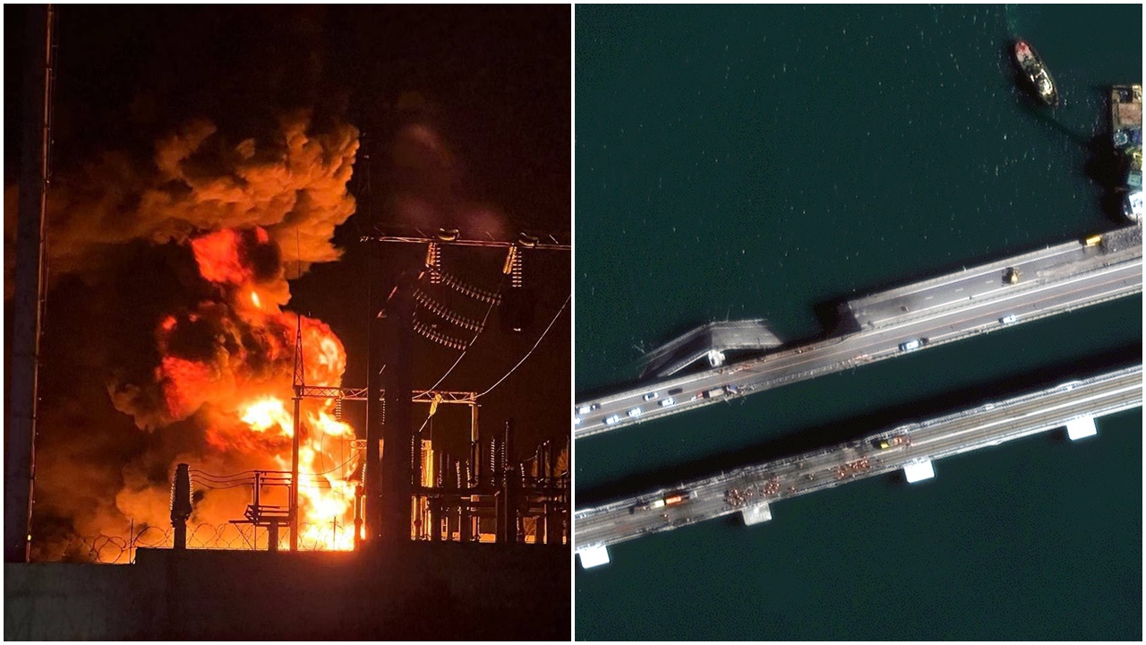 俄境內有變電站受襲起火，普京下令克里米亞大橋明年7月前修復。(Twitter)