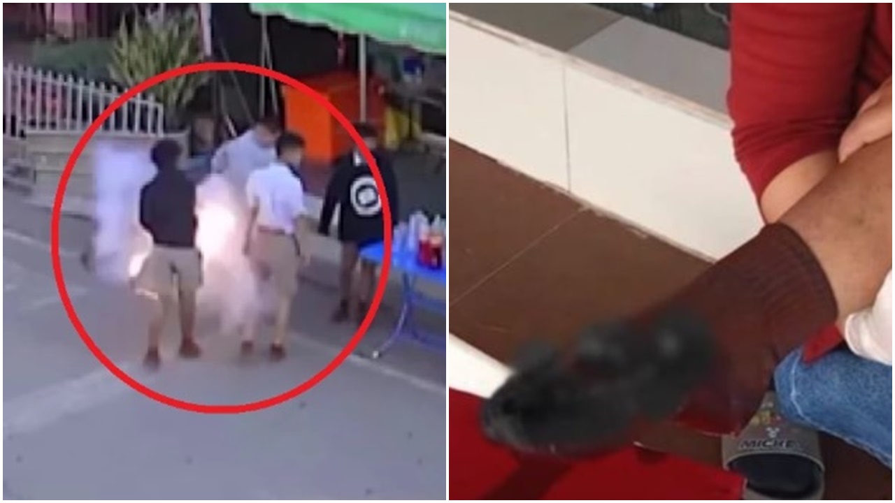 泰國小六生腳多踢同學遇炮仗爆炸，被炸到腳燶。(YouTube)