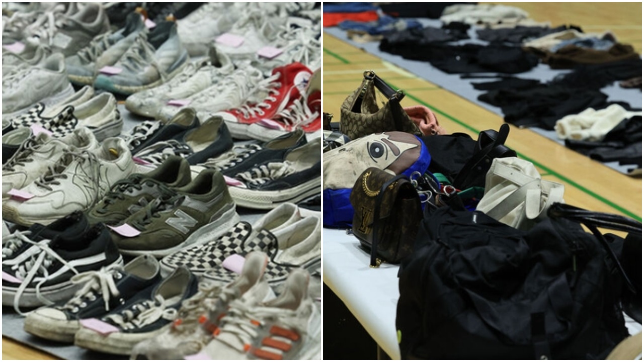 梨泰院人踩人慘劇痕跡，66對鞋多個手袋外套1.5噸失物待認領。(網上圖片)
