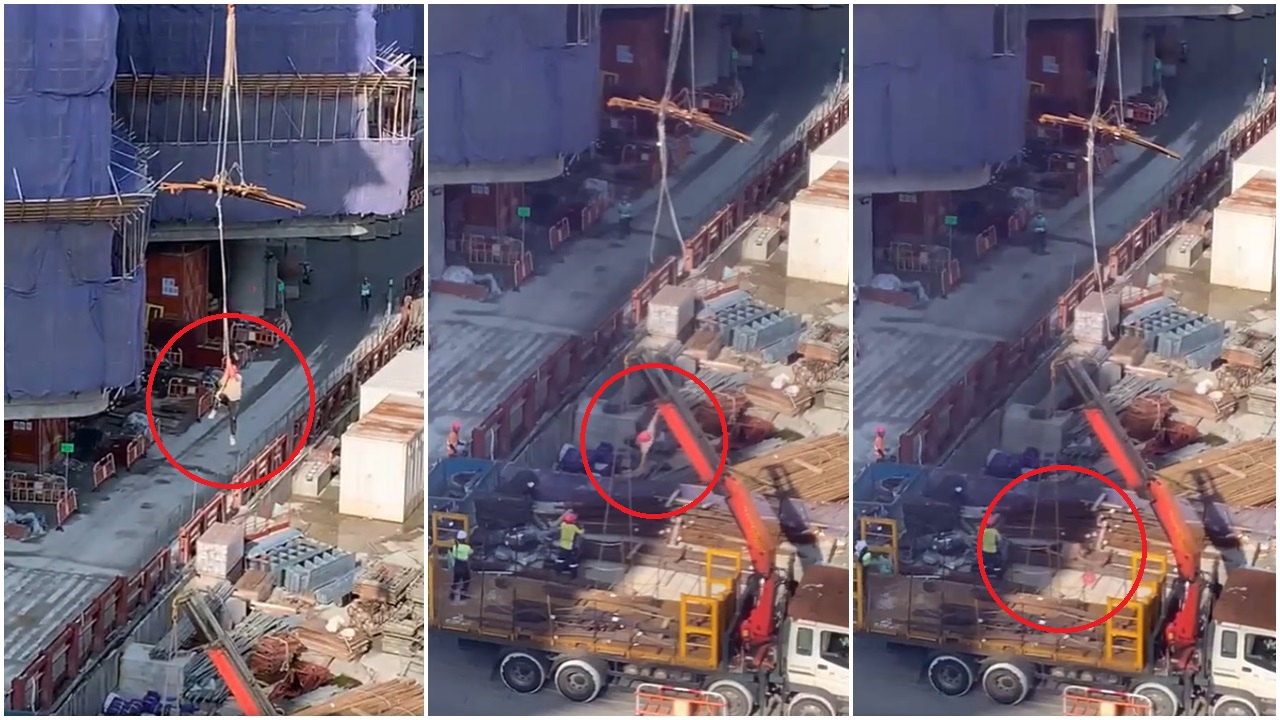 地盤工遭天秤吊起，由半空撻落地上。(網片截圖)