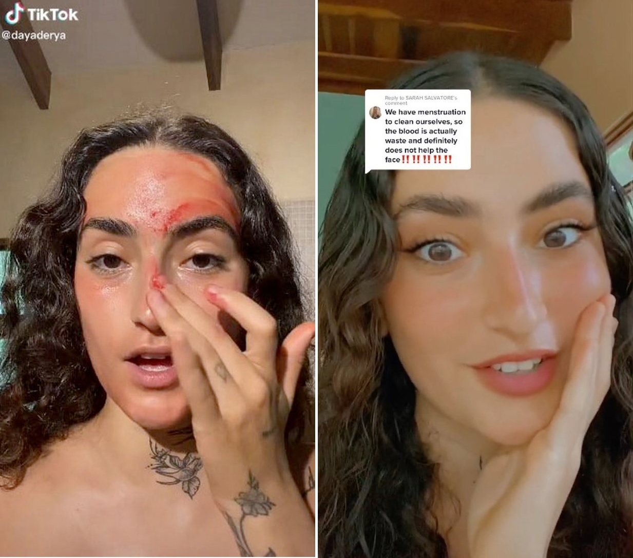 Derya把經血塗面，聲稱可讓皮膚嫩滑。(互聯網)