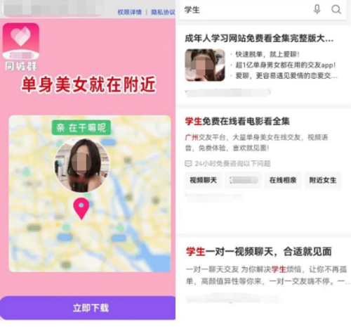 曾有內地傳媒在手機瀏覽器搜索「學生」，置頂結果是幾條交友App廣告。(互聯網)