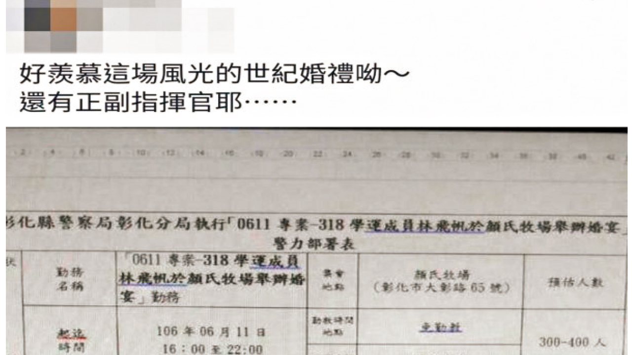 林飛帆結婚擬派警力戒備  彰化警：非針對婚禮