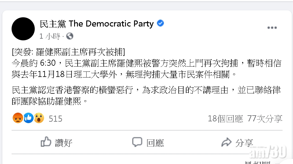 與理大衝突有關 民主黨副主席羅健熙被警上門拘捕