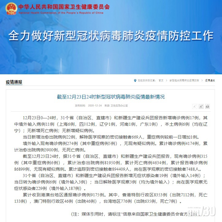 【新冠肺炎】內地增17宗確　遼寧再多6宗本地病例
