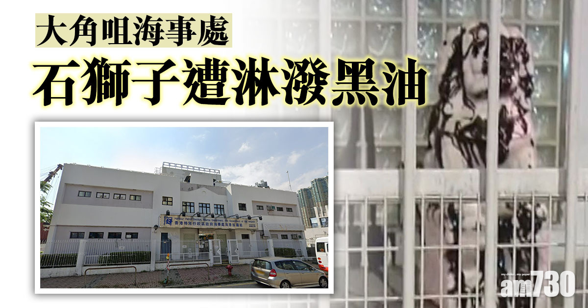 大角咀海事處石獅子遭淋潑黑油