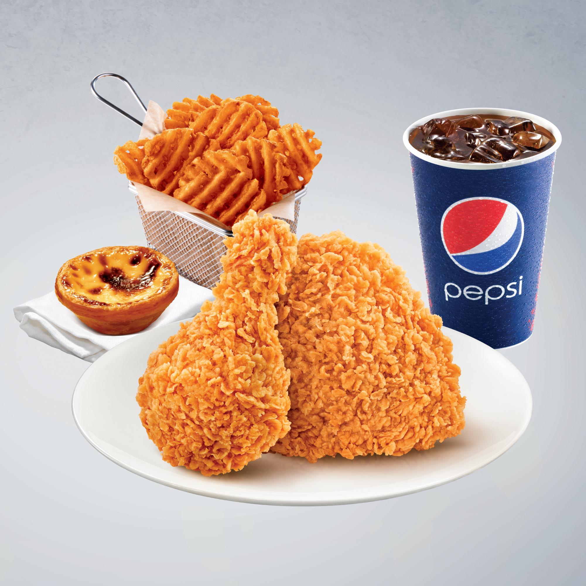 「爆脆雞滿足套餐」$55起 2件爆脆雞 + 格格脆薯塊 (普通) + 經典葡撻 + 汽水(中)