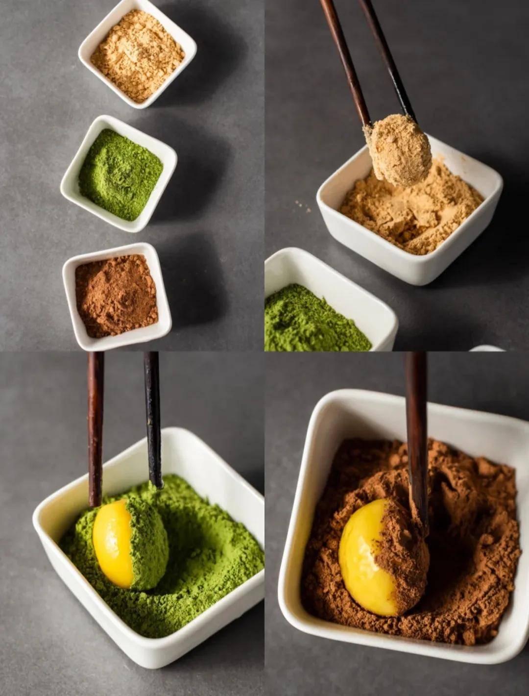 大家可以按照自己的口味沾粉,例如綠茶粉、可可粉等