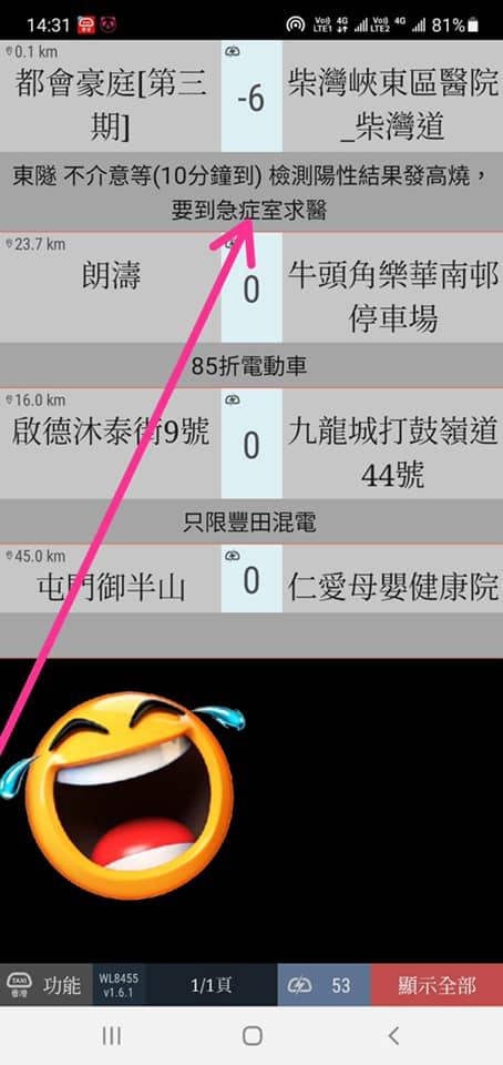 有人發燒、檢測陽性預約的士前往東區醫院。(的士司機資訊網 Taxi Facebook)