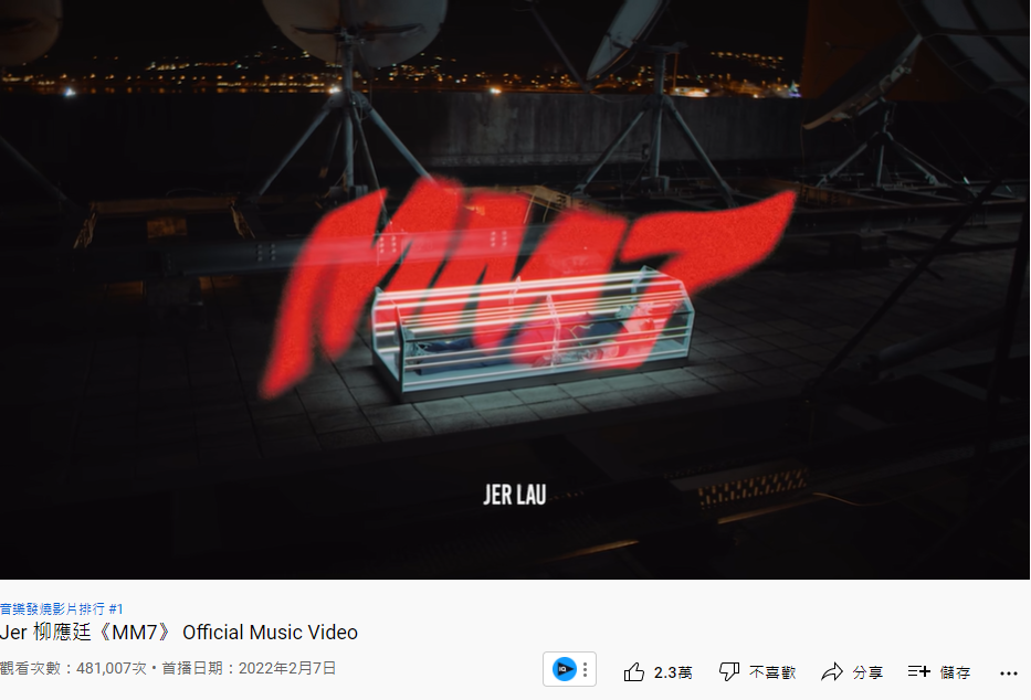 Jer新歌《MM7》MV登上熱門音樂影片首位。