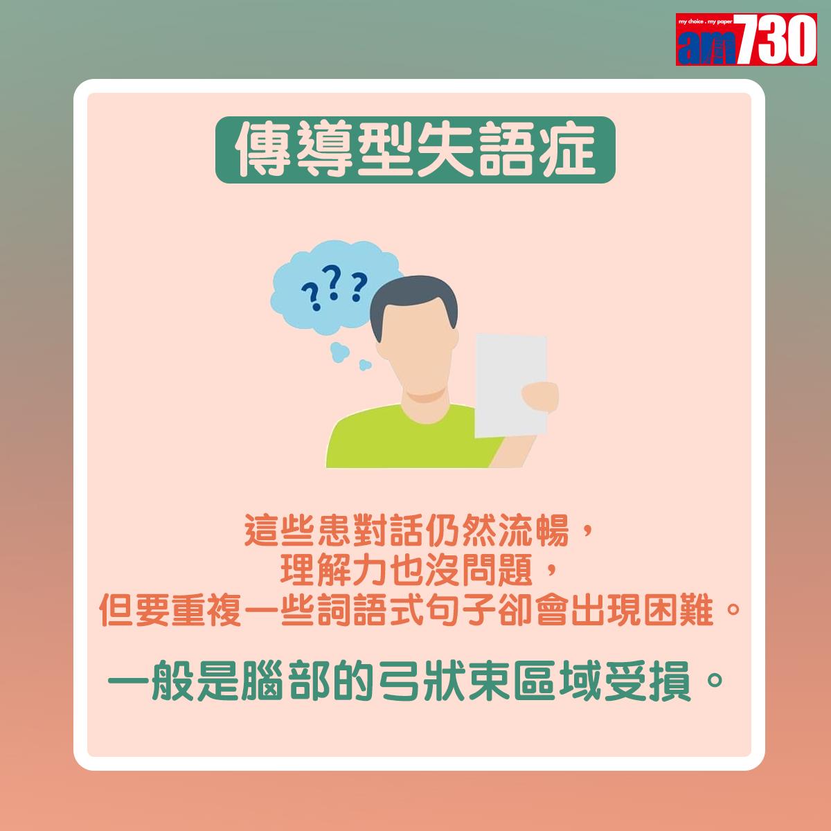 傳導型失語症:這些患對話仍然流暢,理解力也沒問題,但要重複一些詞語式者句子卻會出現困難。一般是腦部的弓狀束區域受損。