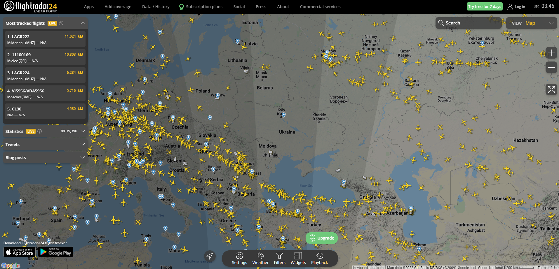Flightradar24實時顯示歐洲領空航班路徑。(Flightradar24)