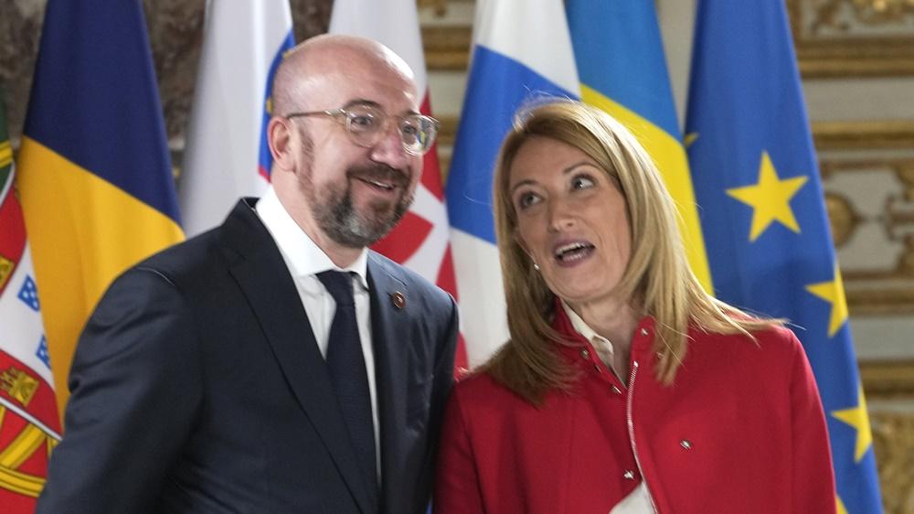 (左)歐洲理事會主席米歇爾、歐洲議會議長梅索拉(AP)