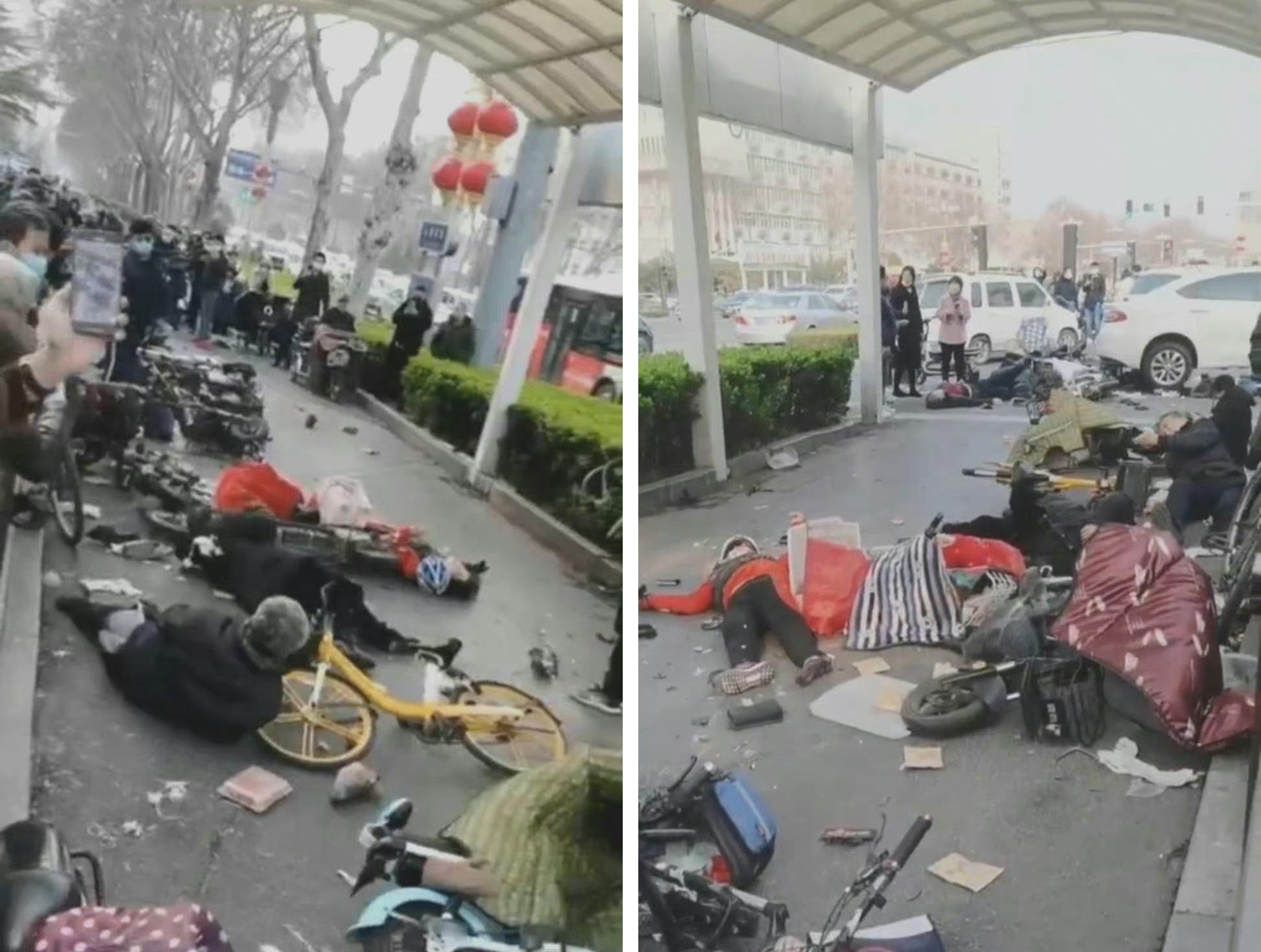 現場多輛電動單車和單車連人帶車倒地。(互聯網)