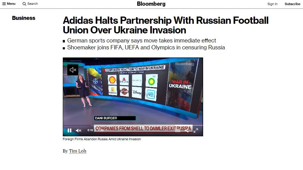 《彭博社》(Bloogburg)報道,Adidas周二表示,在俄羅斯入侵烏克蘭後,立即暫停與俄羅斯足總的合作夥伴關係。(彭博社)