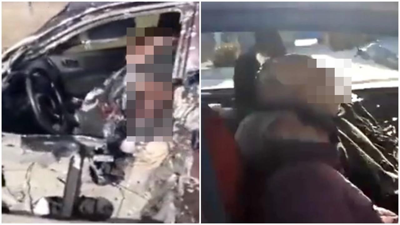 老翁半邊身軀血肉模糊,和妻子雙雙死於車內。(Twitter)