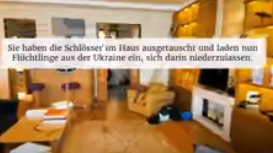 Pierre Afner在別墅外揮舞烏克蘭國旗,並進入別墅內部拍攝。(YouTube)