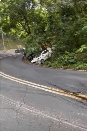 白色私家車剷上水坑旁的山坡始停下。(網片截圖)