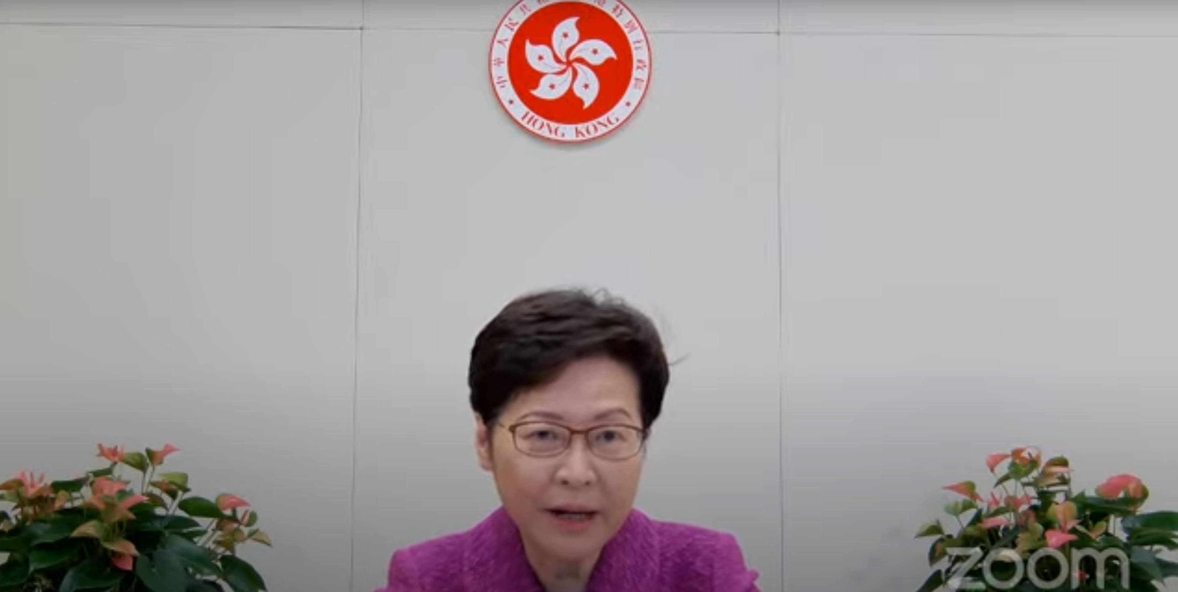 特首林鄭月娥下午以視像方式出席立法會答問大會。(立法會直播截圖)
