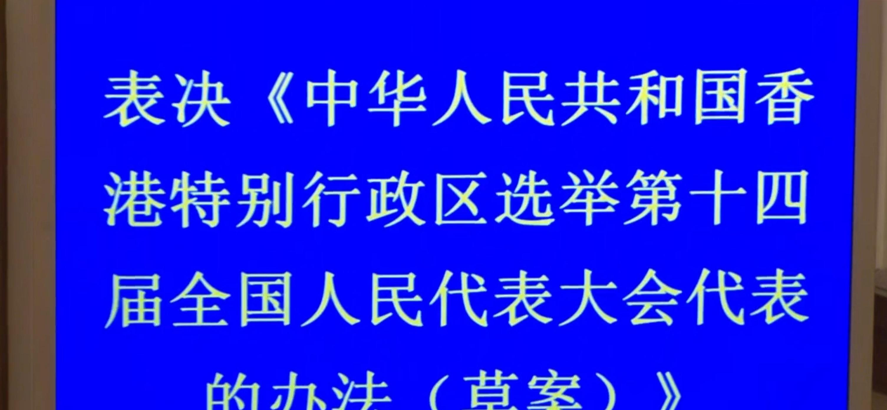 會議當中表決香港特區選舉人大代表辦法草案。(直播截圖)