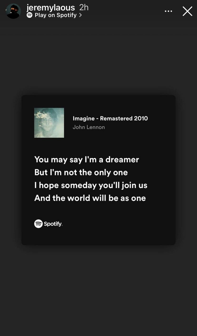 Jer早前亦曾在IG story Po John Lennon《 Imagine》的歌詞。
