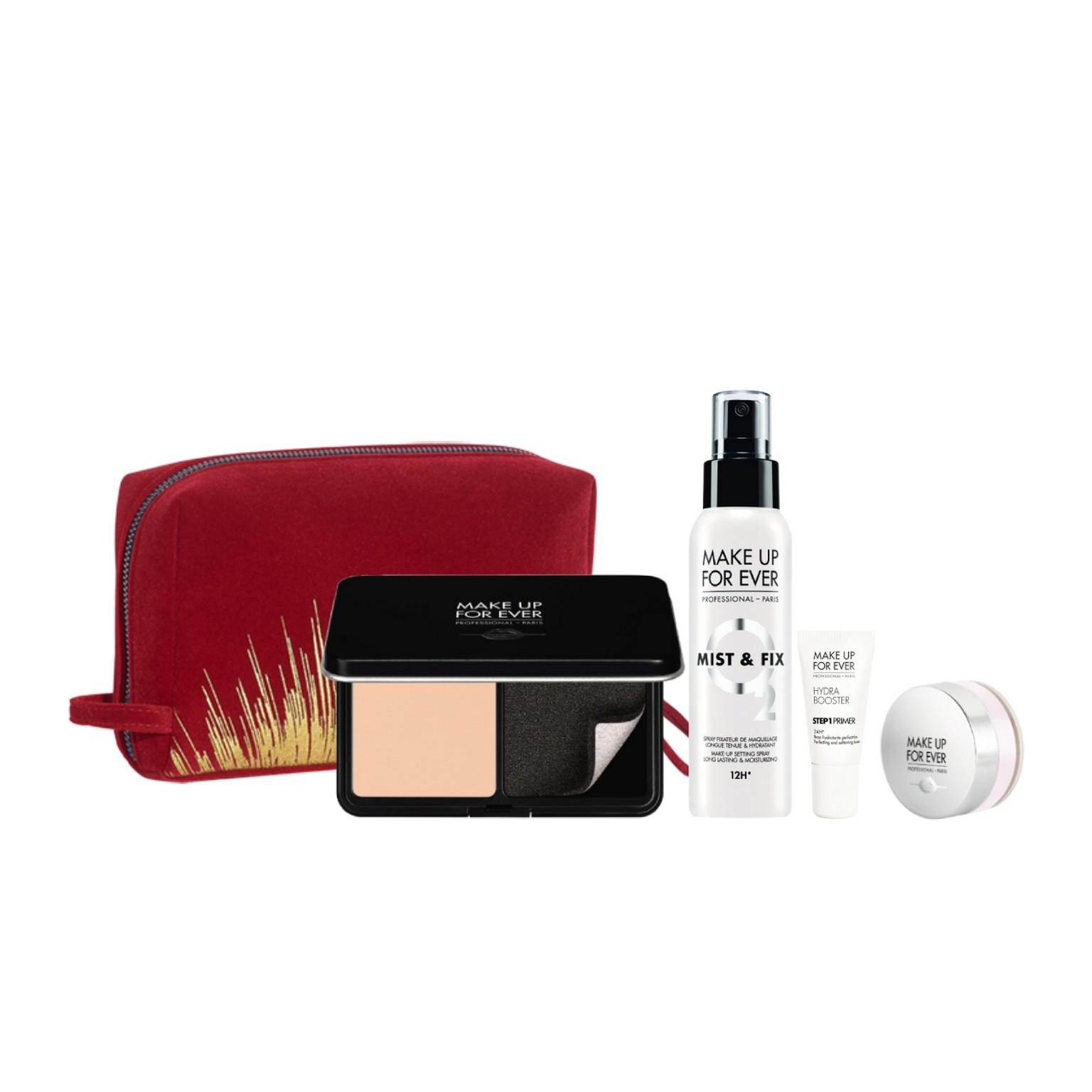 人氣NO.1柔霧底妝組合 $590 (價值$915) .柔霧空氣粉餅 .MIST & FIX水氧定妝噴霧100ML .超高清持久定妝蜜粉 1G #1.2 .STEP 1持久保濕底霜5ML .限定化妝袋