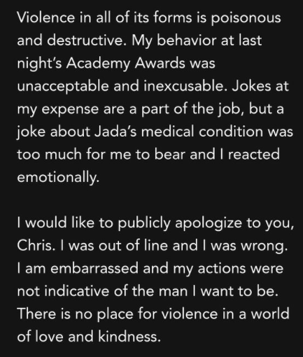 韋史密夫就掌摑事件公開道歉,強調任何暴力行為均不可原諒。