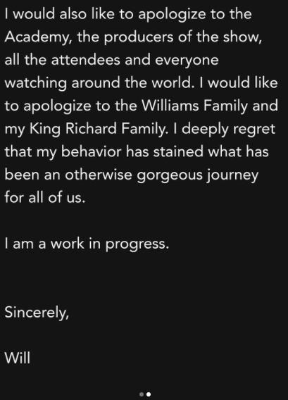 韋史密夫為自己行為影響了威廉斯家族和理查威廉斯而道歉。