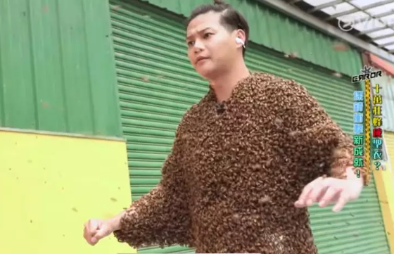 保錡在《花姐ERROR遊2》被無數隻蜜蜂纏身仍堅持撐下去,寄語港人別放棄,贏得網民respect。(截圖)