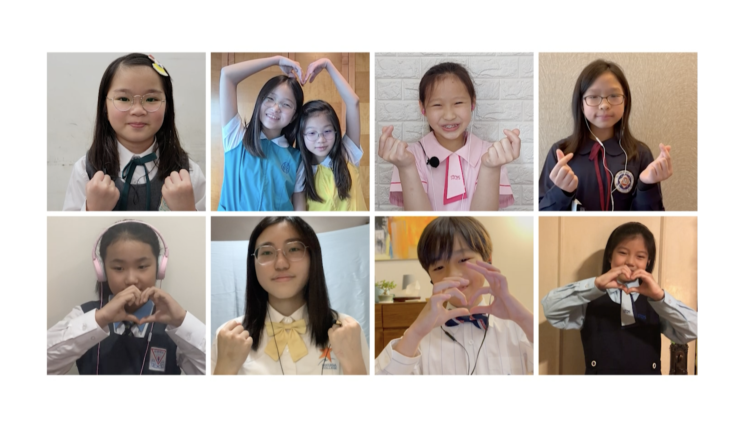 參加學生在片中展示了不同手勢及畫作,為在前綫工作的醫護人員打氣。(香港校際合唱節 2022 提供)