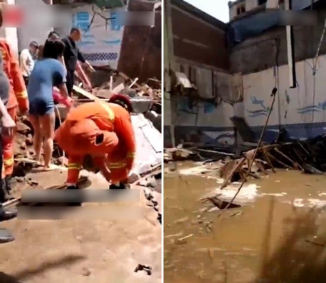 涉事泳池塌天花,頓變水泥池,救援人員在現場救人。(互聯網)