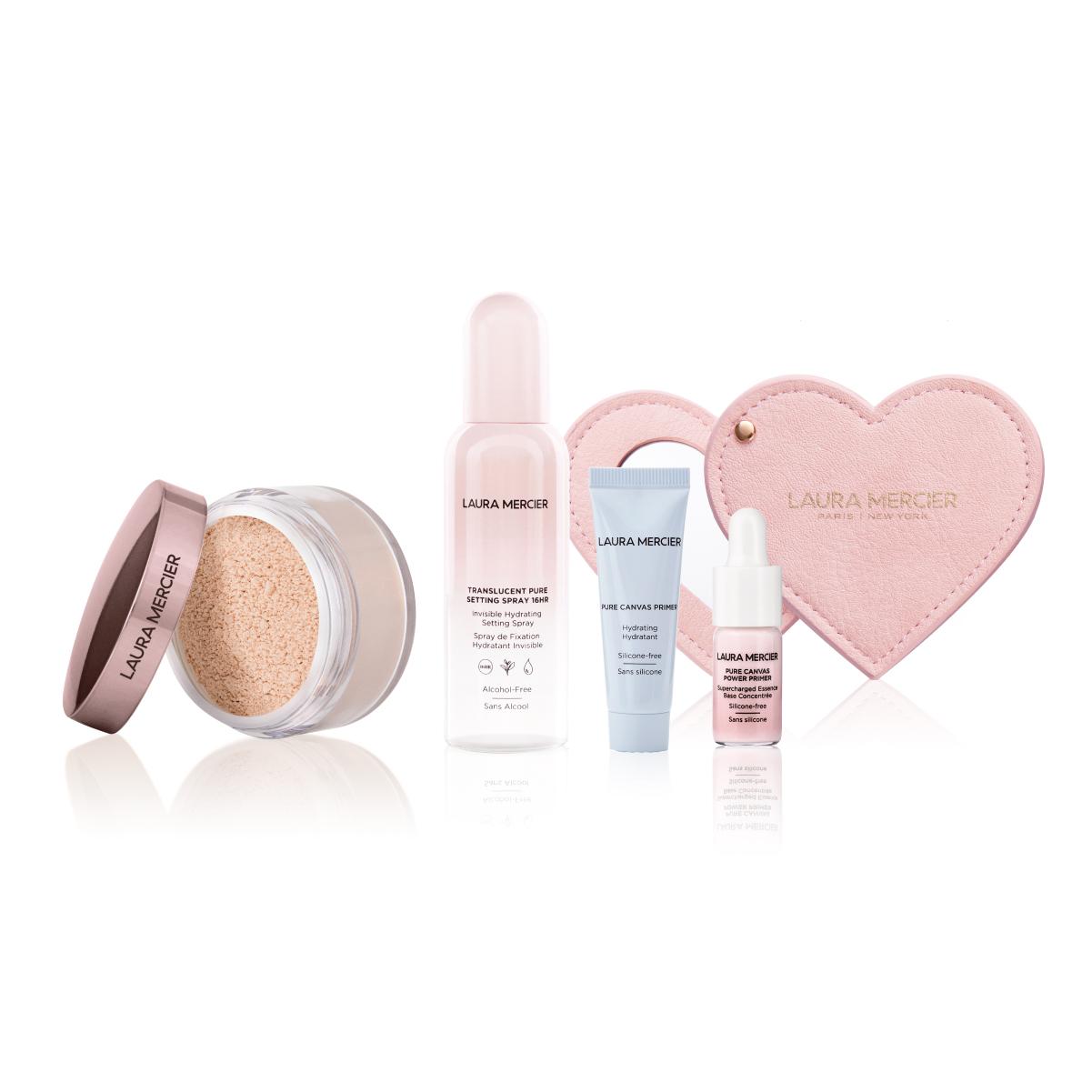 <門市及官網同步> 雙效持久親膚定妝套裝 $700 (價值$1,040) .全新輕感親膚定妝噴霧 100ml貨裝 .全新粉嫩透亮蜜粉 貨裝 .極致持久水凝潤澤妝前底霜 10ml .極致持久妝前活膚精華底霜 3ml .Ian同款限量版心型鏡