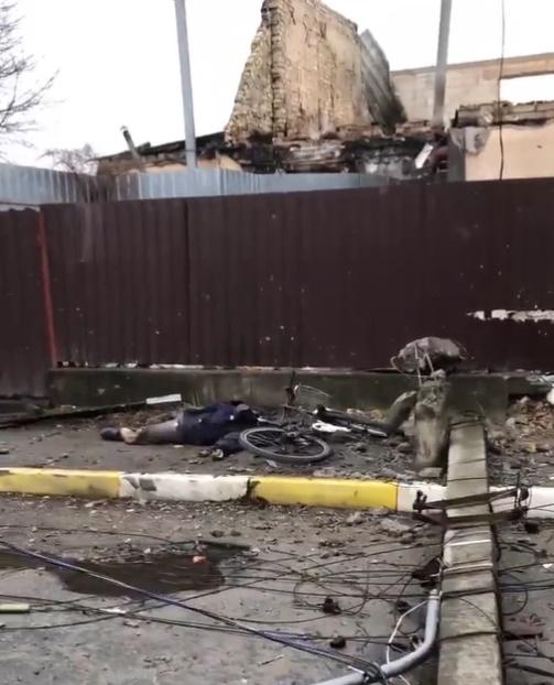 有人聲稱於同一地點拍攝到一具穿著平民裝束、旁邊有輛單車的遺體。(Twitter)