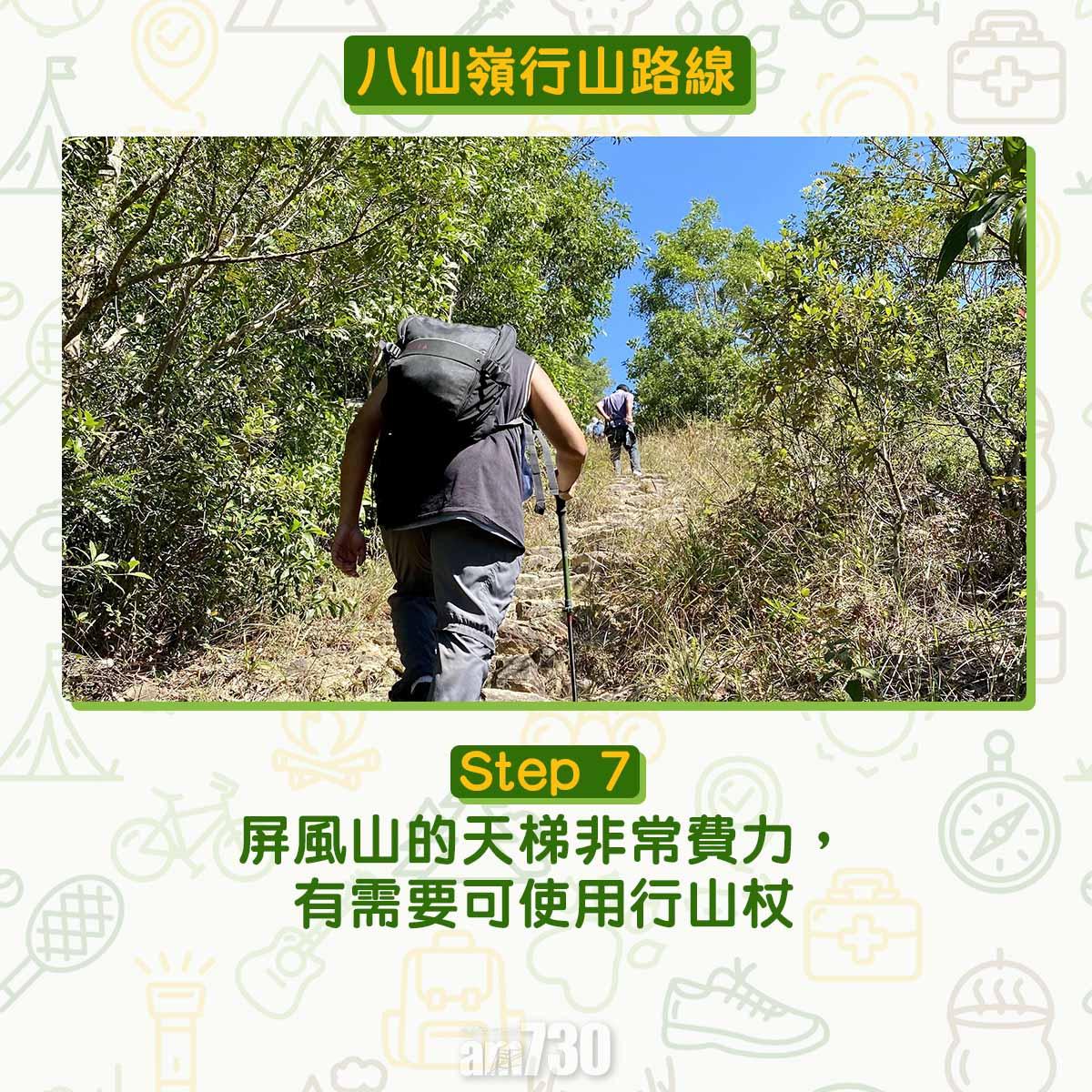 八仙嶺行山路線|屏風山的天梯非常費力,有需要可使用行山杖。