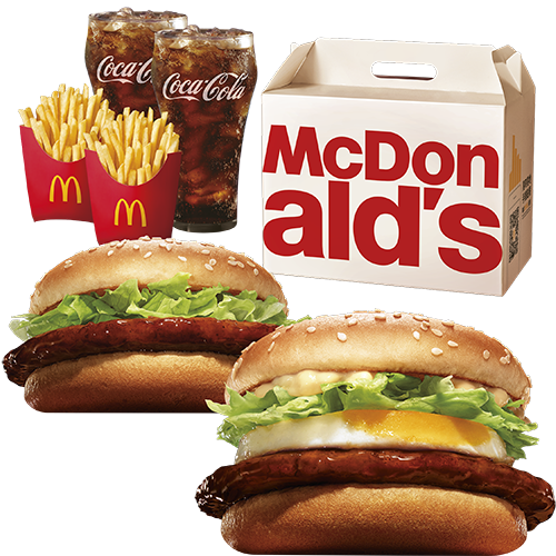 久別重逢二人前 套餐包括玉子將軍漢堡及將軍漢堡(可加$3轉配玉子將軍漢堡或加$9轉配玉子雙層將軍漢堡)、中薯條(2包)及中汽水(2杯)