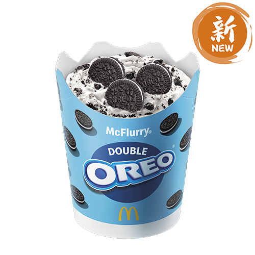 全新Double Oreo 麥旋風 :順滑新地混合雙倍Oreo脆脆,再配上原塊Mini Oreo餅乾,口感層次加倍豐富!