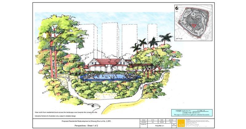 中建企業許世勳家族等持有的上水地皮,近日向城規會申請改劃土地用途,擬興建969個住宅單位及提供100個安老院舍床位,預計2028年落成,而地盤內的一級歷史建築物愛園別墅將會保留。(城規會資料文件)