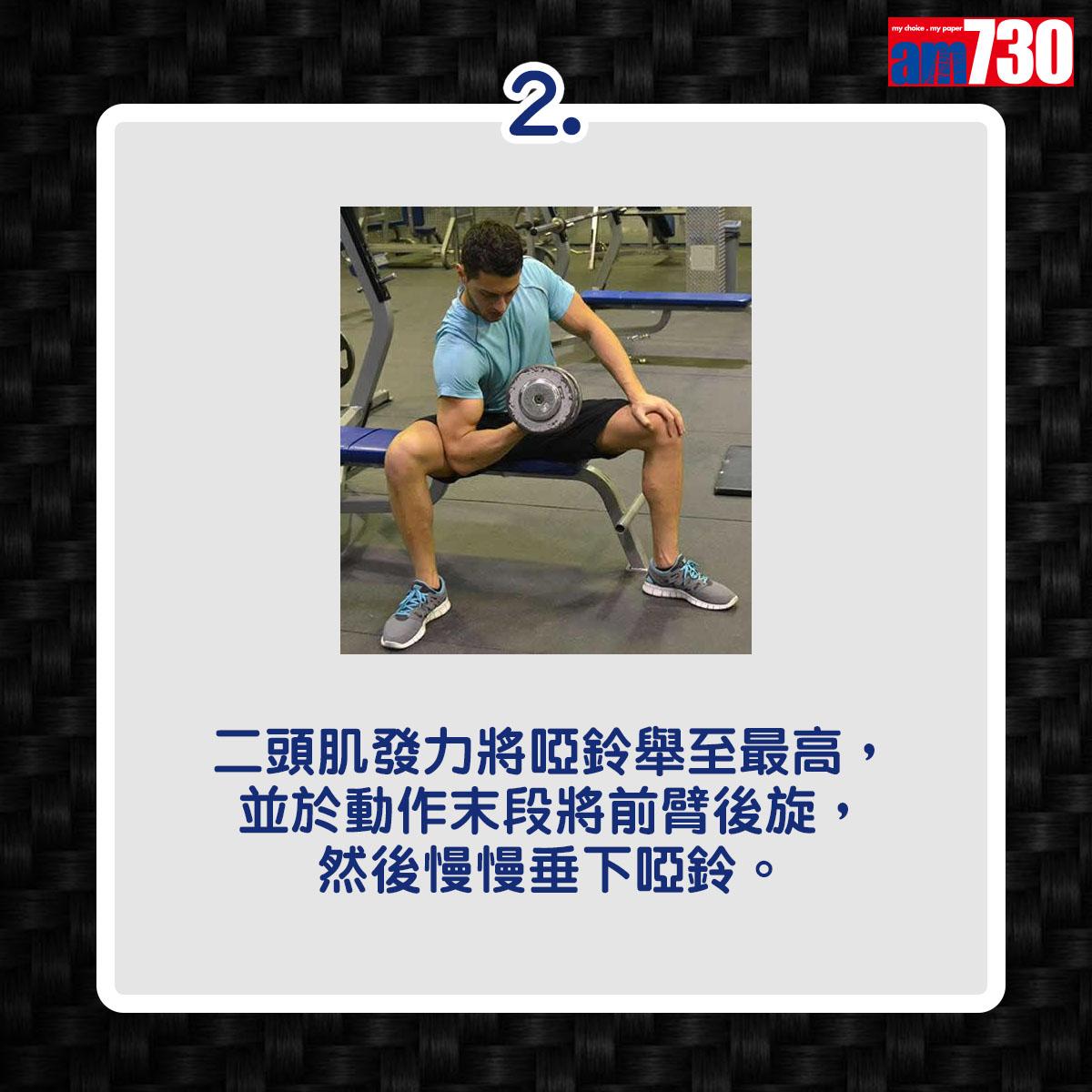 二頭肌訓練|單臂啞鈴蹲坐彎舉(am730製圖)