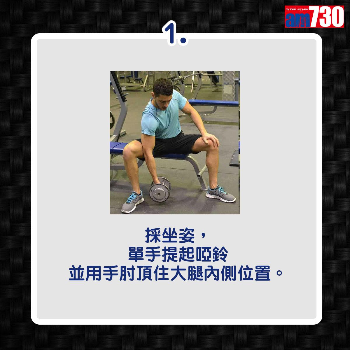 二頭肌訓練|單臂啞鈴蹲坐彎舉(am730製圖)