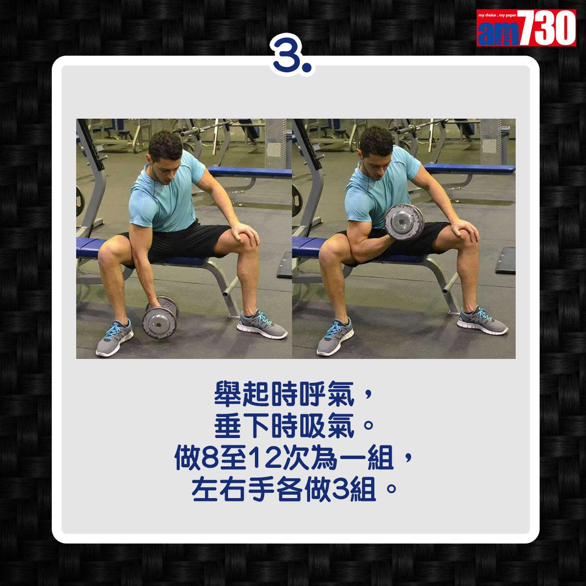 二頭肌訓練|單臂啞鈴蹲坐彎舉(am730製圖)