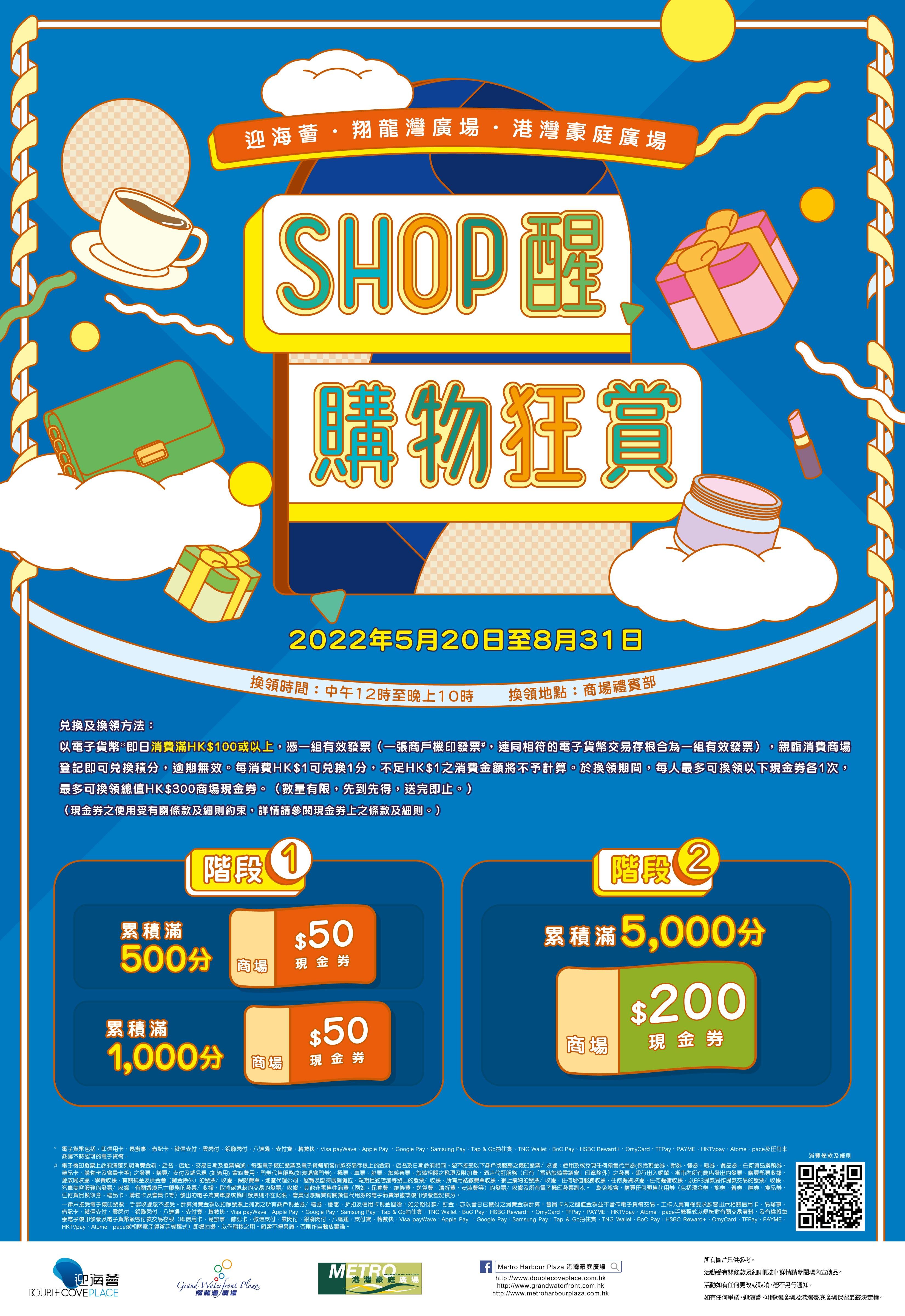 迎海薈、逸峯廣場、翔龍灣廣場及港灣豪庭廣場將於5月20日至8月31日聯手推出「SHOP醒購物狂賞」。