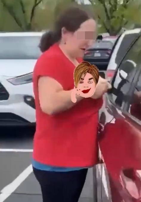 婦人將胸口湊近一輛私家車。(Twitter)