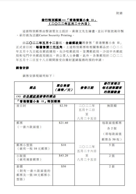 香港郵政發行「香港懷舊小食II」特別郵票 設計包括蛋撻格仔餅臭豆腐