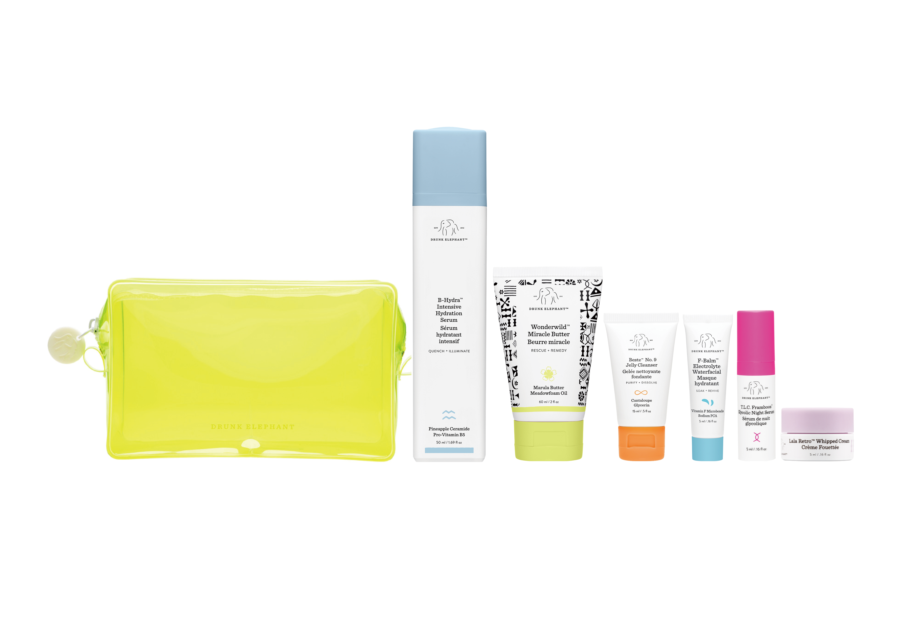 DRUNK ELEPHANT 神奇滋養果昔組合 $670 (原價$1,000) .WonderwildTM 奇蹟身體乳霜 60ml .B-HydraTM 強效保濕精華 50ml .BesteTM No. 9 潔面啫喱 15ml .F-BalmTM 電解質水凝面膜 5ml .T.L.C. FramboosTM 夜間煥顏精華 5ml .Lala RetroTM 急救面霜 5ml .螢光隨身小袋